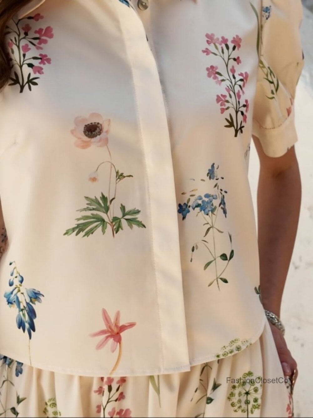 Womens 2 Piece Floral Skirt Set Puff Sleeve Blouse Elastic Waist Matching - Picture 6 of 6